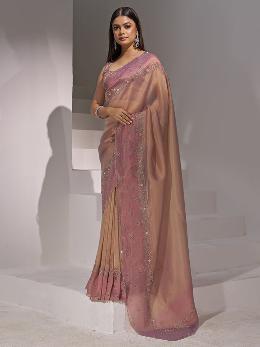 Peach organza saree view 1