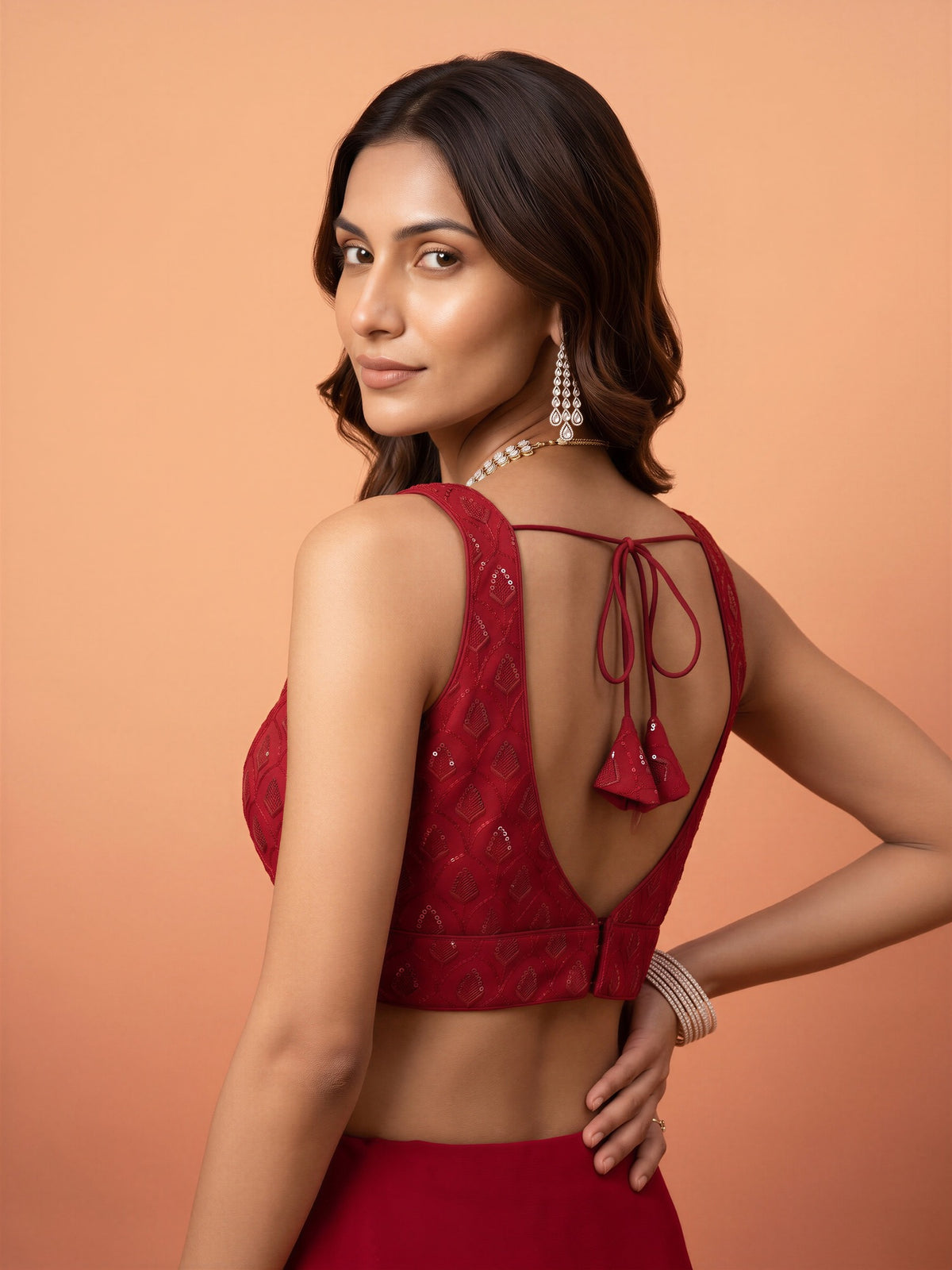 Maroon sequin embroidered georgette sleeveless readymade saree blouse with sweetheart neck view 1