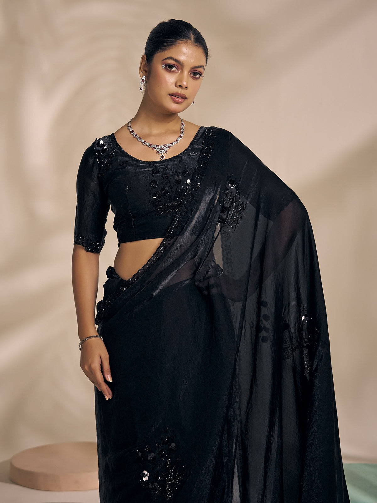 Black satin silk saree view 4