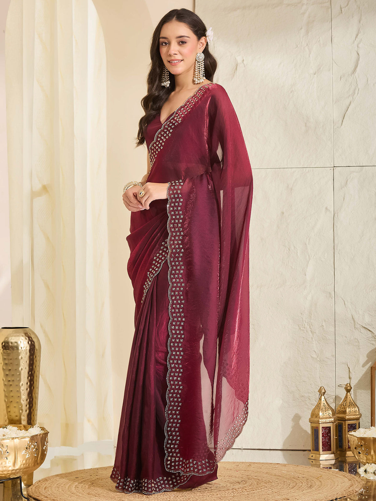 Wine Satin saree – detail view 2