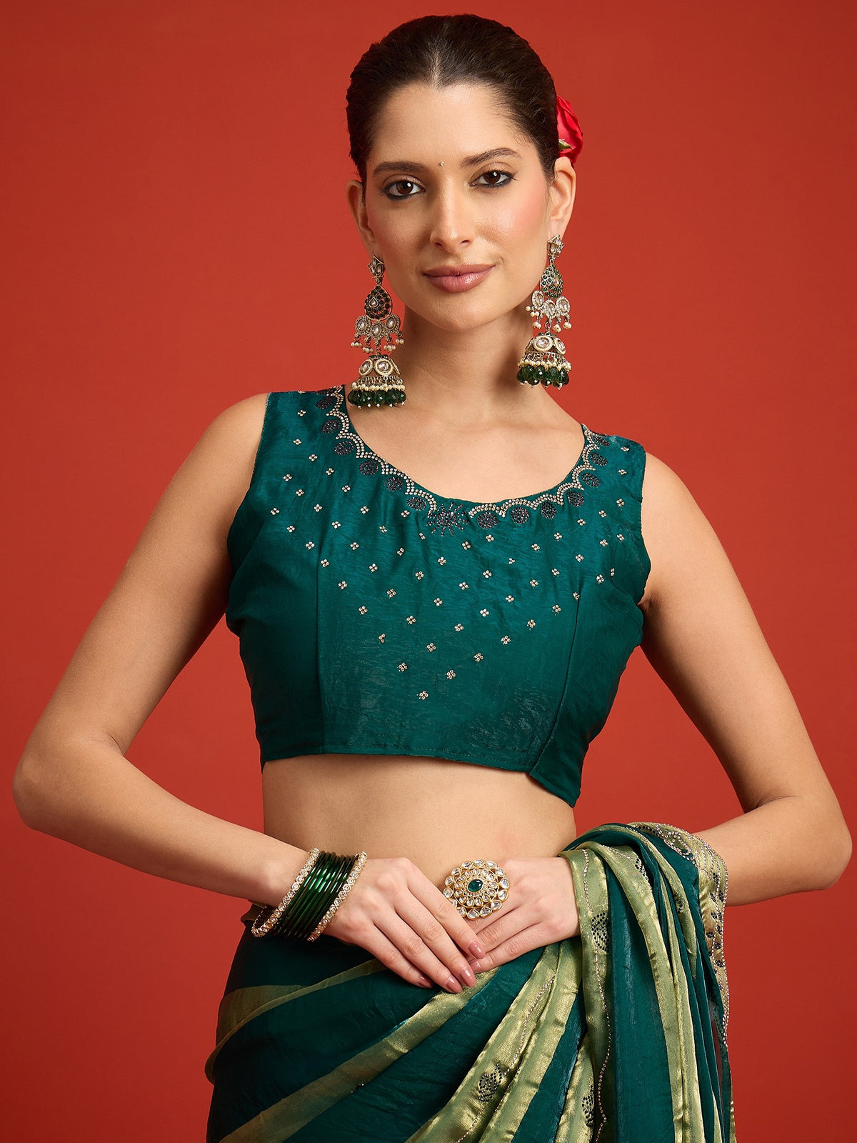 Teal Green Satin Silk saree – detail view 5