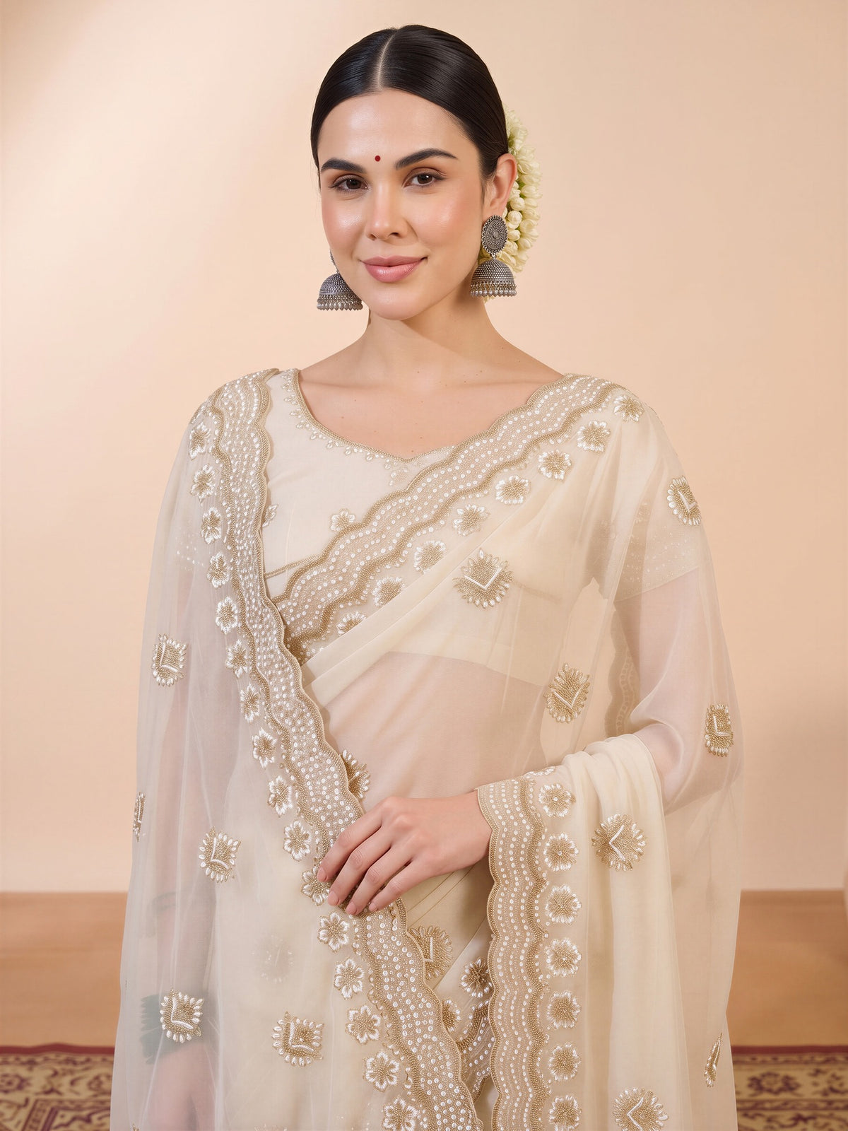 Off White Georgette saree – detail view 4