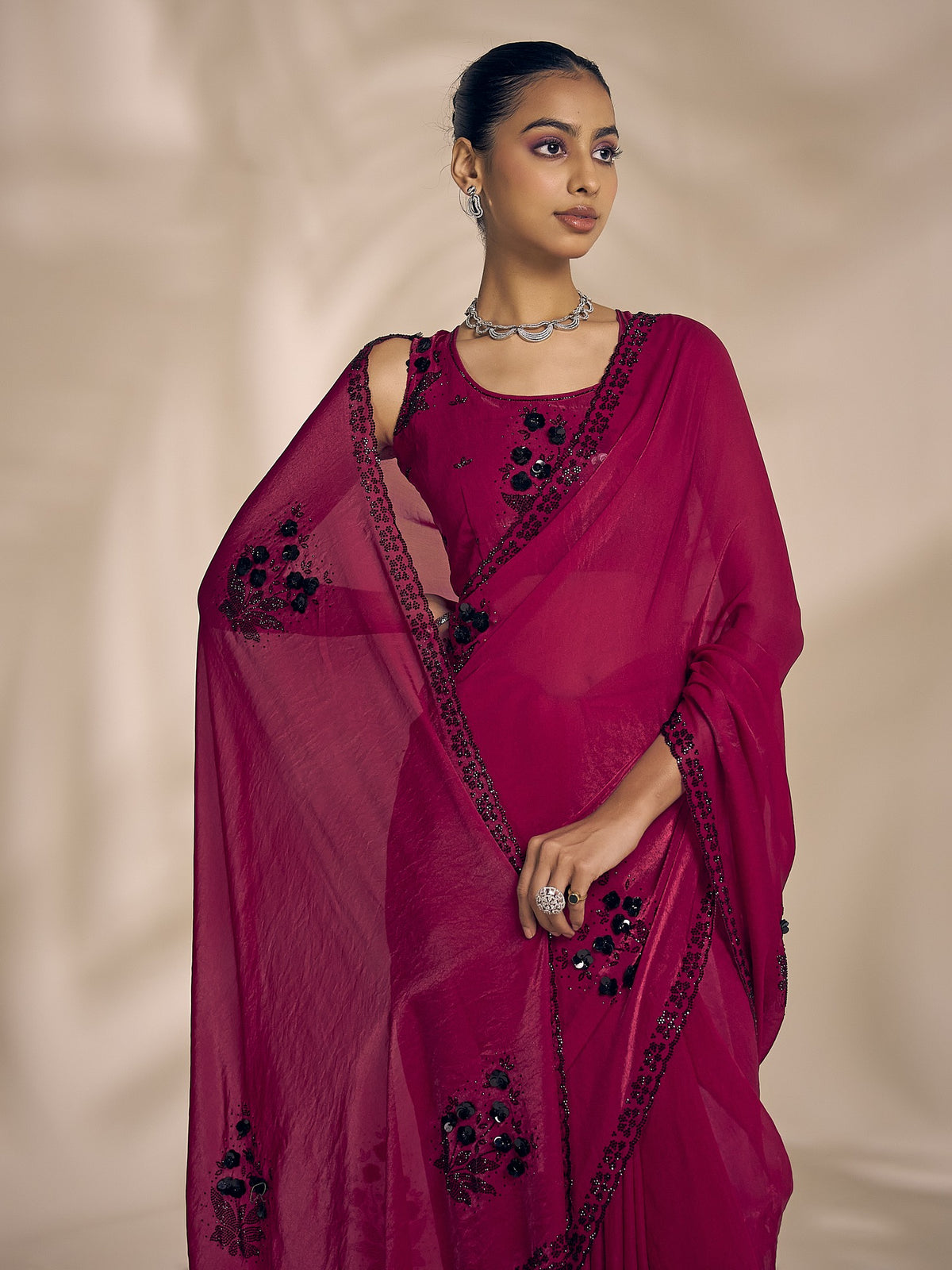 Magenta satin silk saree view 4