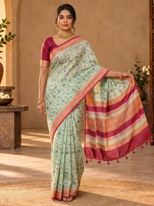 Sea Green tribal soft silk saree with maroon blouse piece