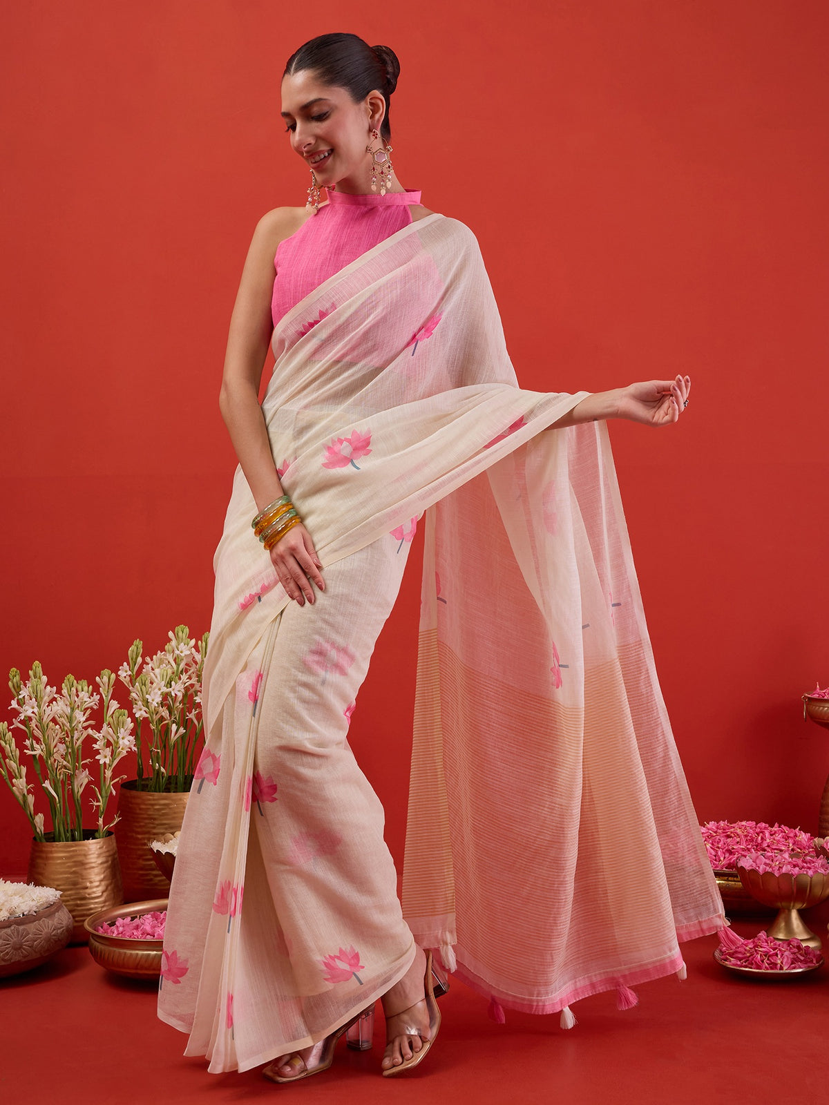 White Chanderi Cotton saree – detail view 2
