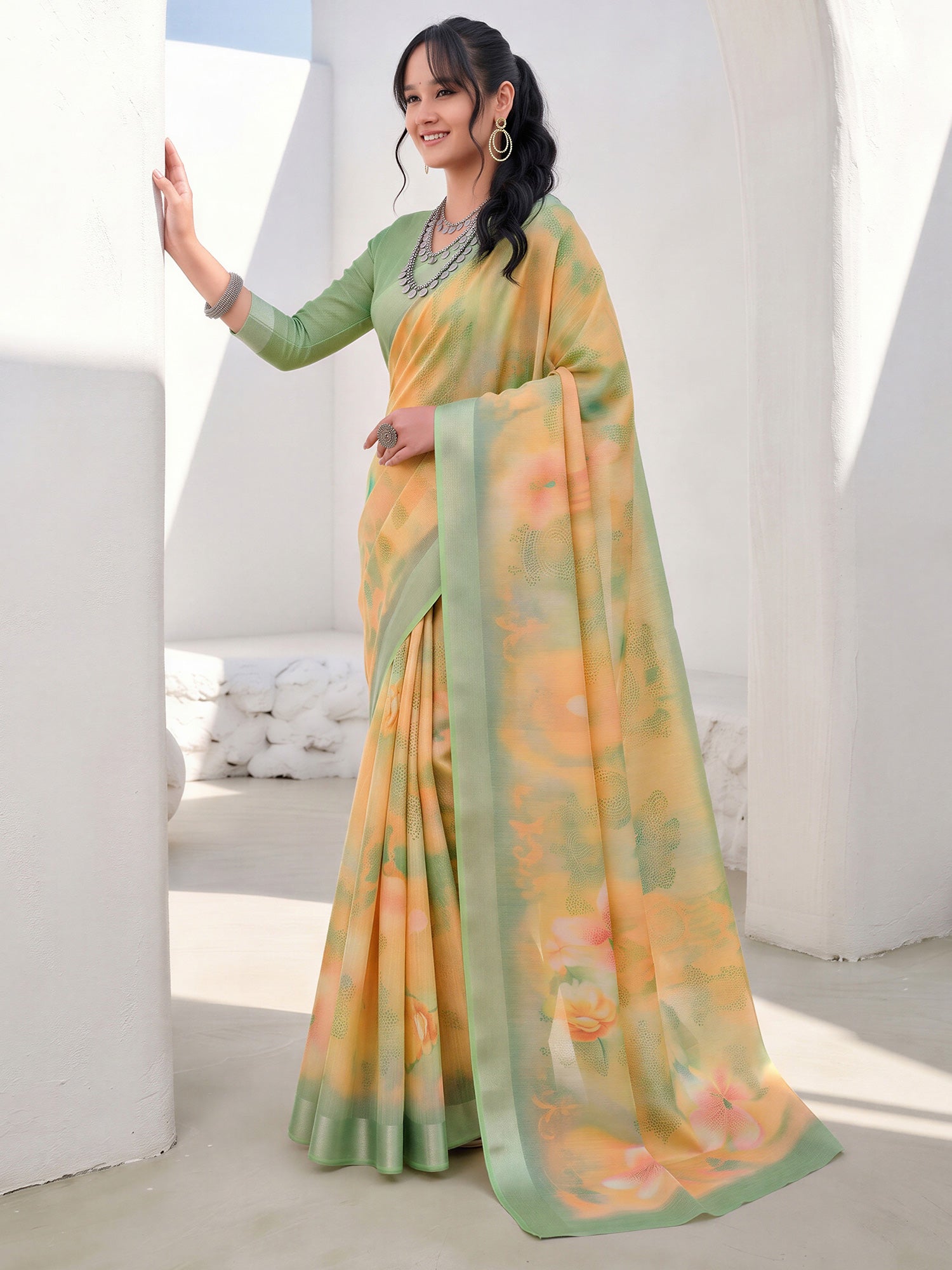 Yellow Cotton Linen saree – detail view 2