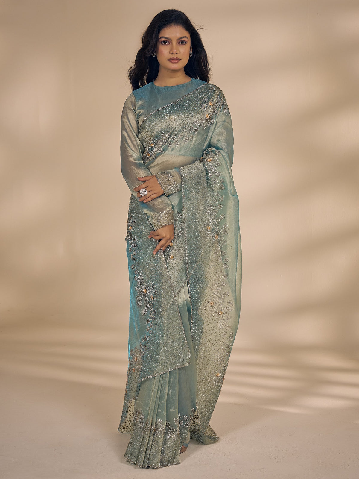 Light Blue organza saree view 4