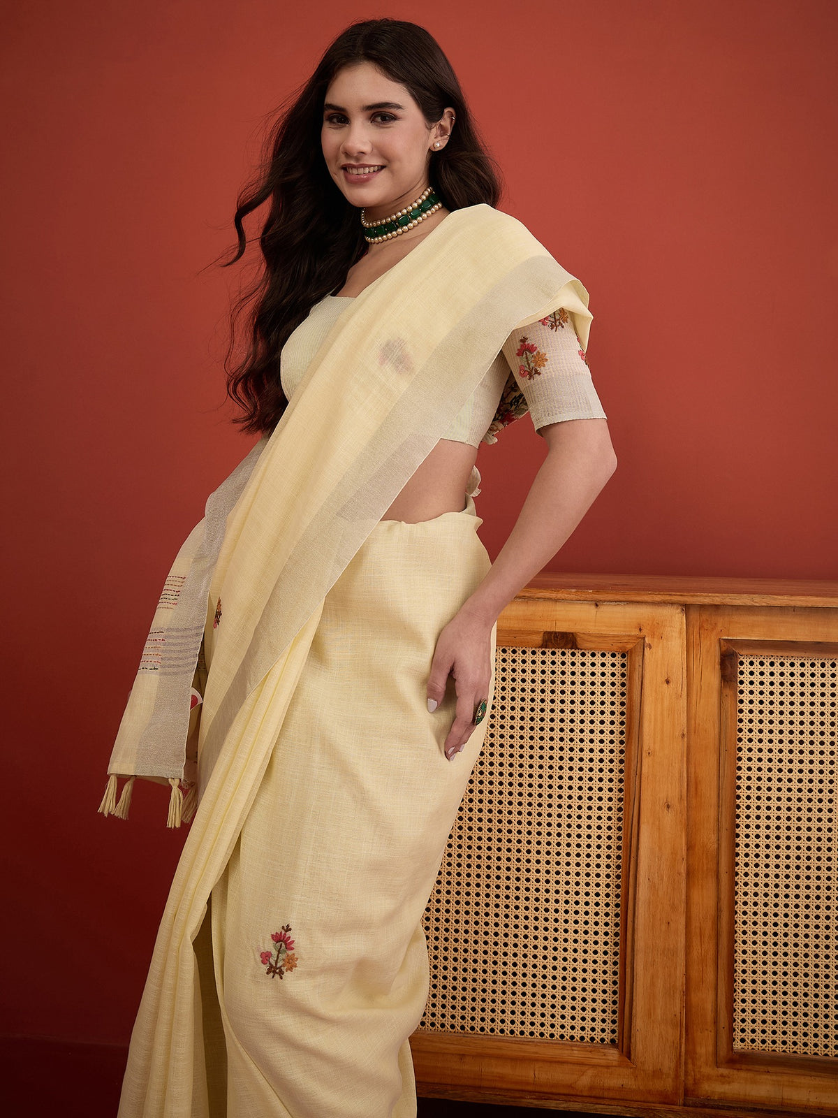 Yellow linen blend saree view 5