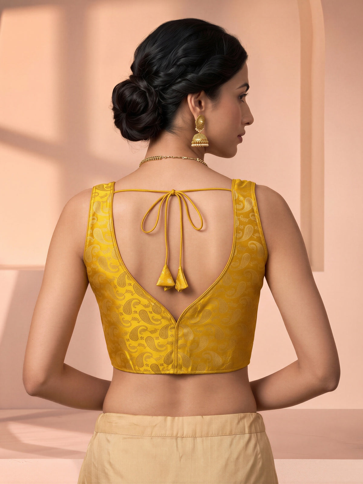 Mustard woven brocade silk blend sleeveless readymade saree blouse with v neck view 1