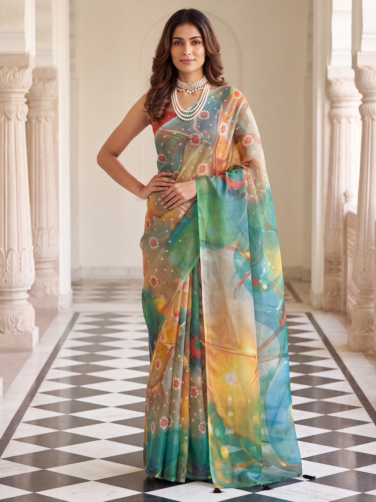 Woman wearing multicolored cotton silk saree with abstract contemporary design and orange blouse