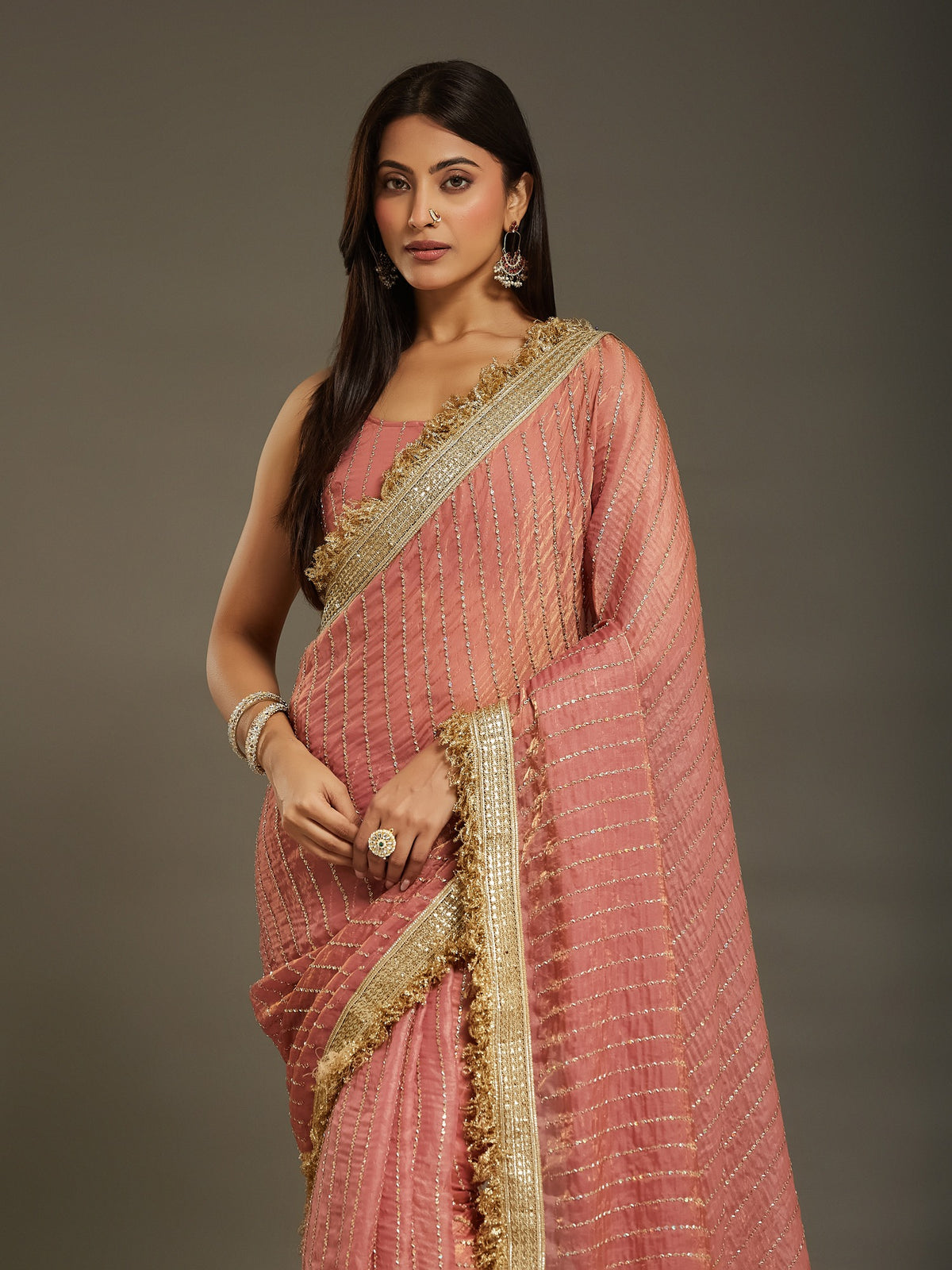 Peach Satin saree – detail view 5