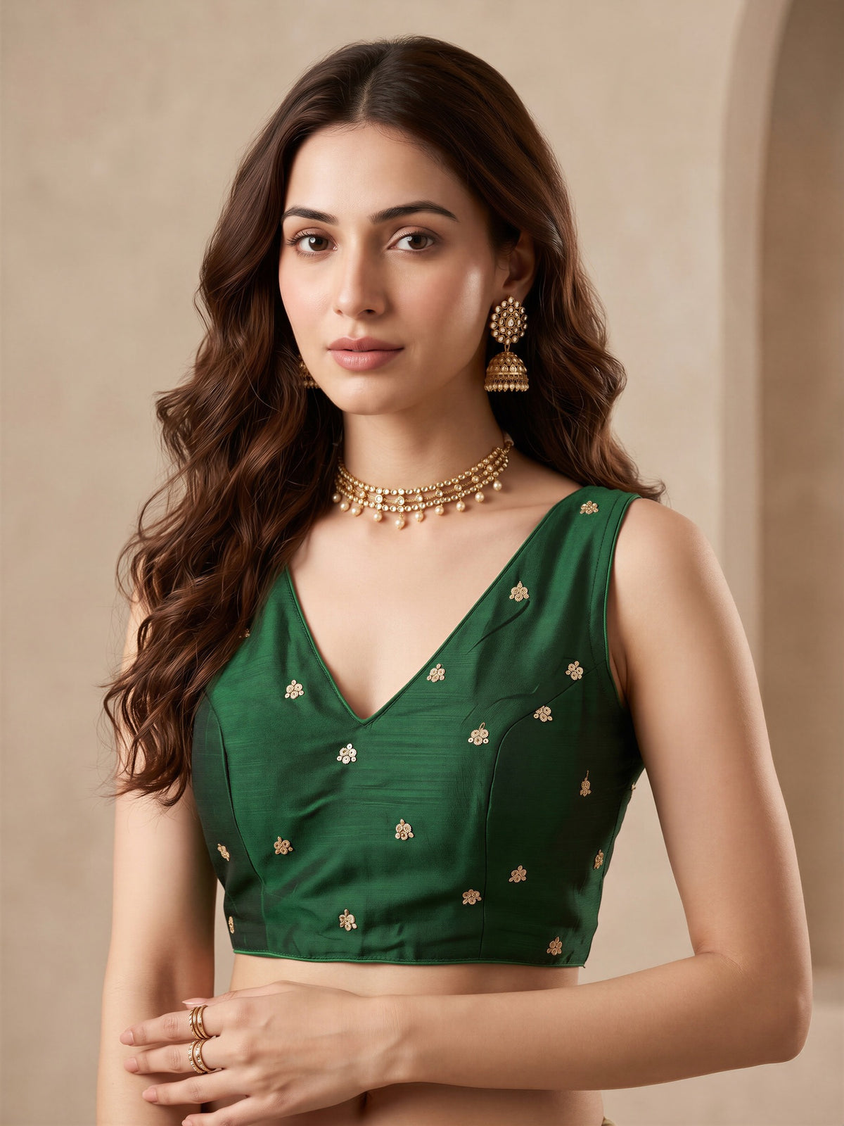Green sequin embellished vichitra silk sleeveless readymade saree blouse with v neck