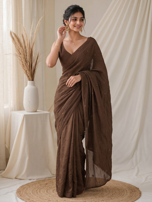 Brown Poly Crepe saree – detail view 1