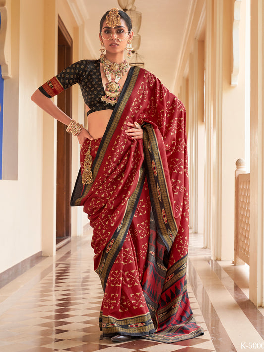 Maroon ikat silk blend saree with black blouse piece