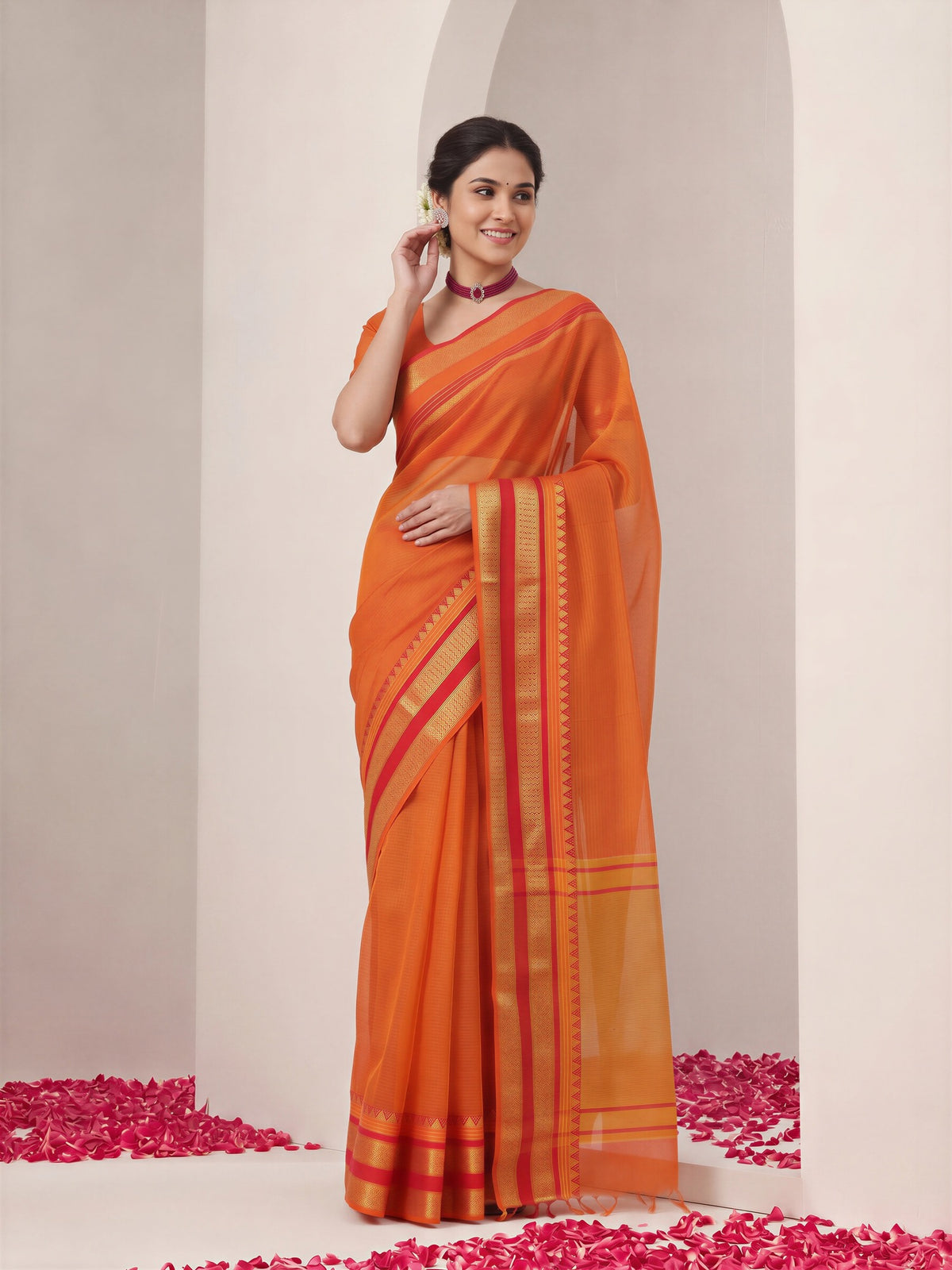 Orange kota doria cotton saree view 3