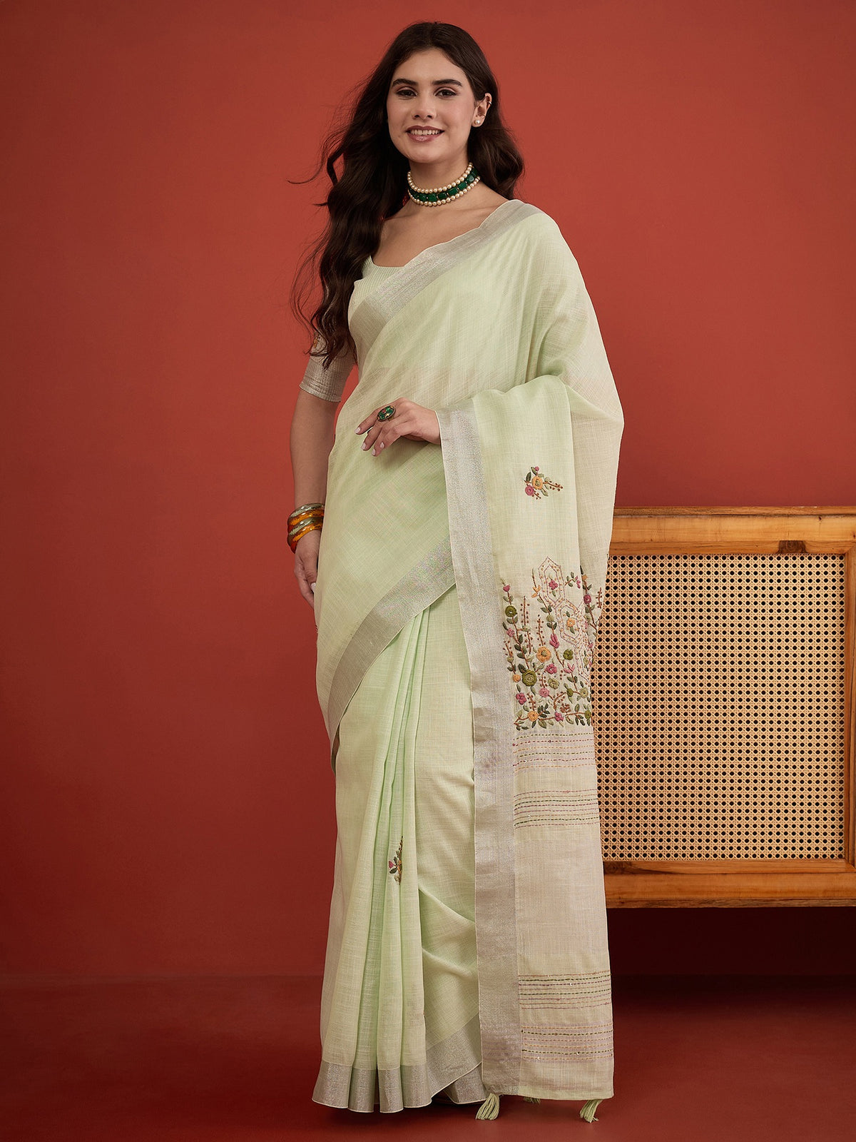 Light Green embroidered linen blend saree with light green blouse piece
