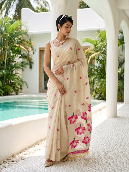 Woman wearing cream chanderi cotton saree with all-over floral design and cream blouse