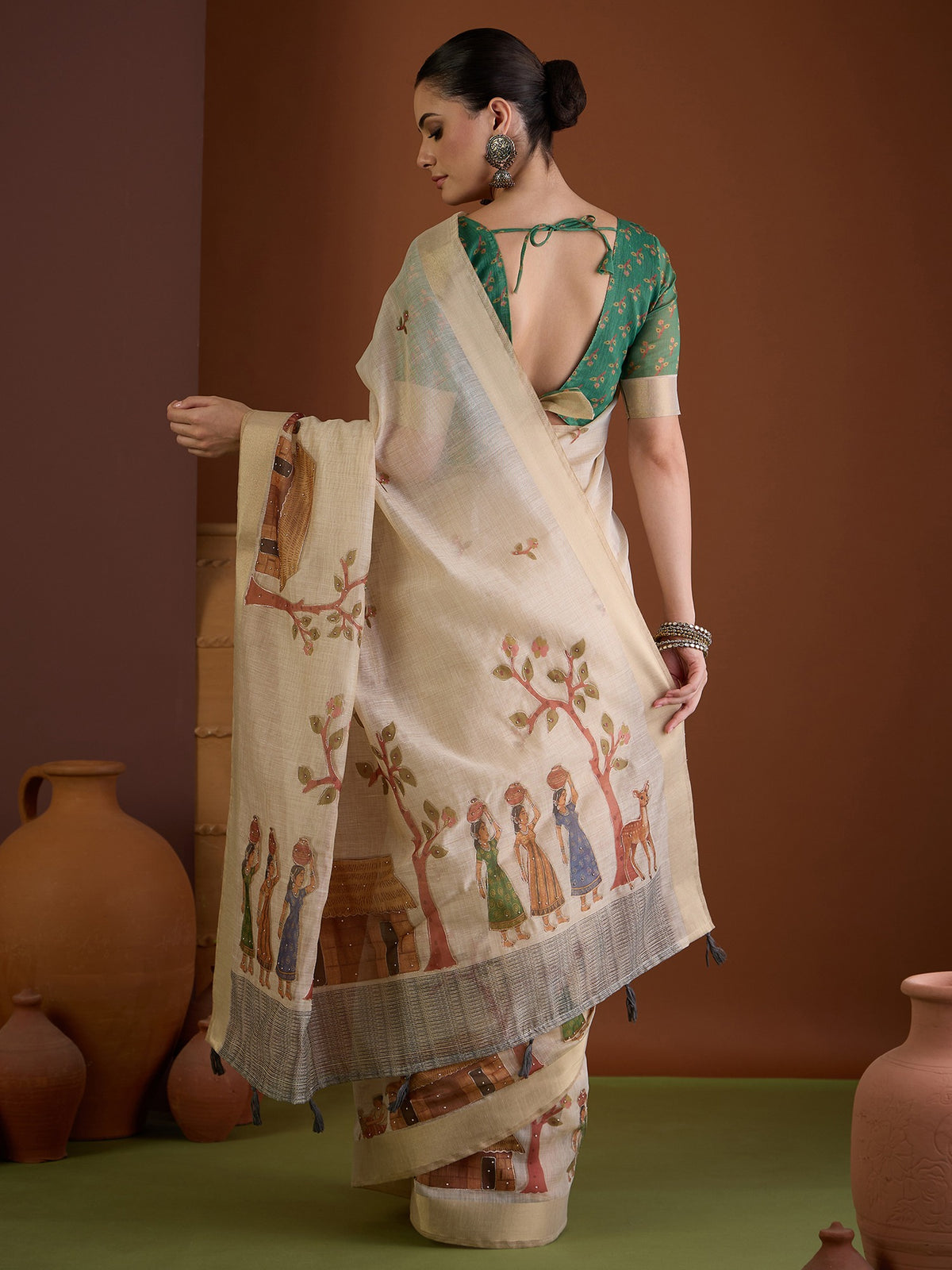Beige linen blend saree view 2