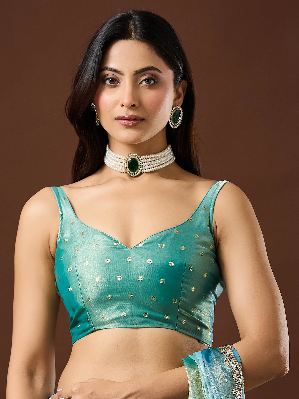 Unstitched light blue satin blouse piece with woven design design