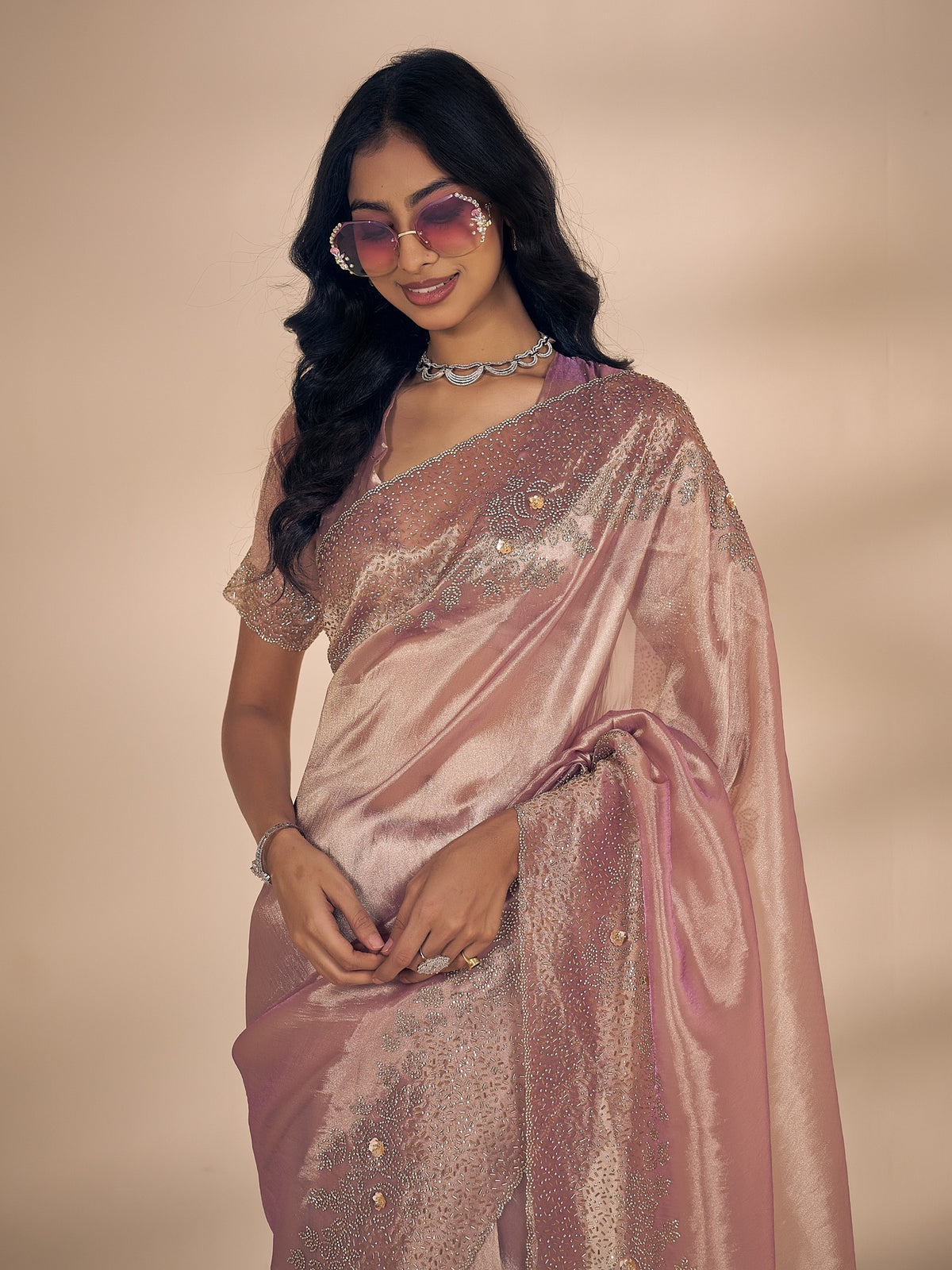 Pink organza saree view 4