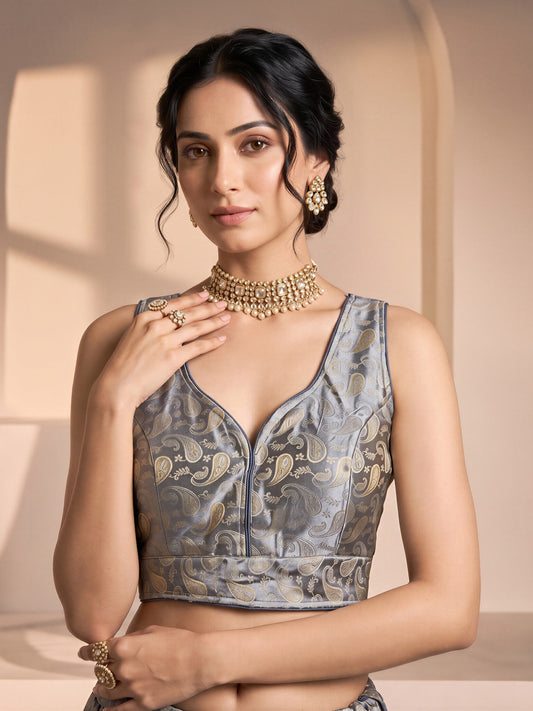 Grey woven brocade silk blend sleeveless readymade saree blouse with v neck