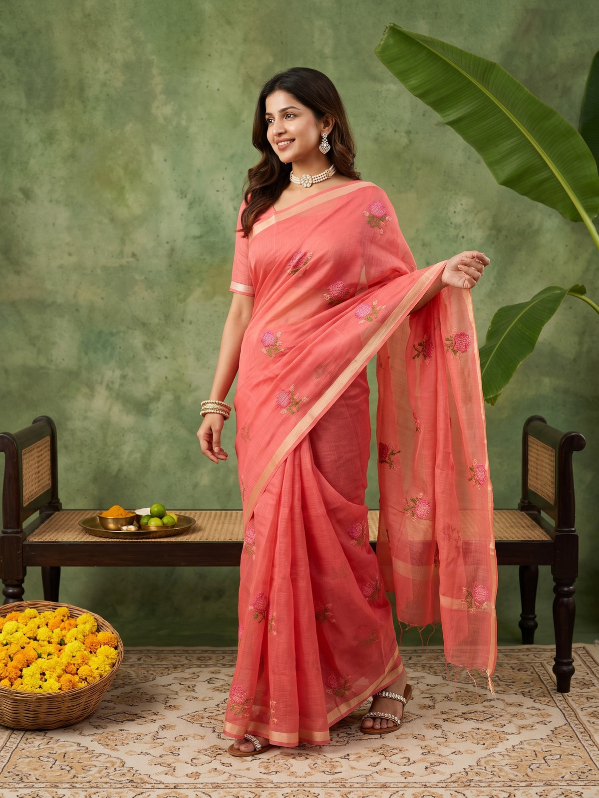 Peach Kota Doria Cotton saree – detail view 2
