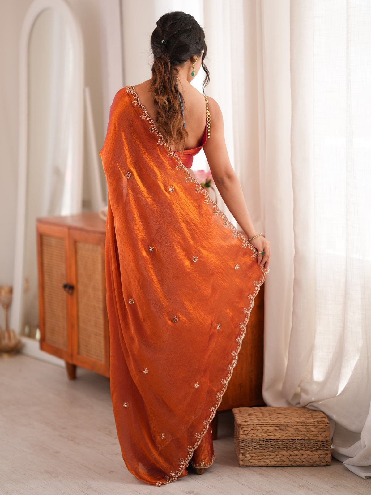 Orange Satin saree – detail view 2