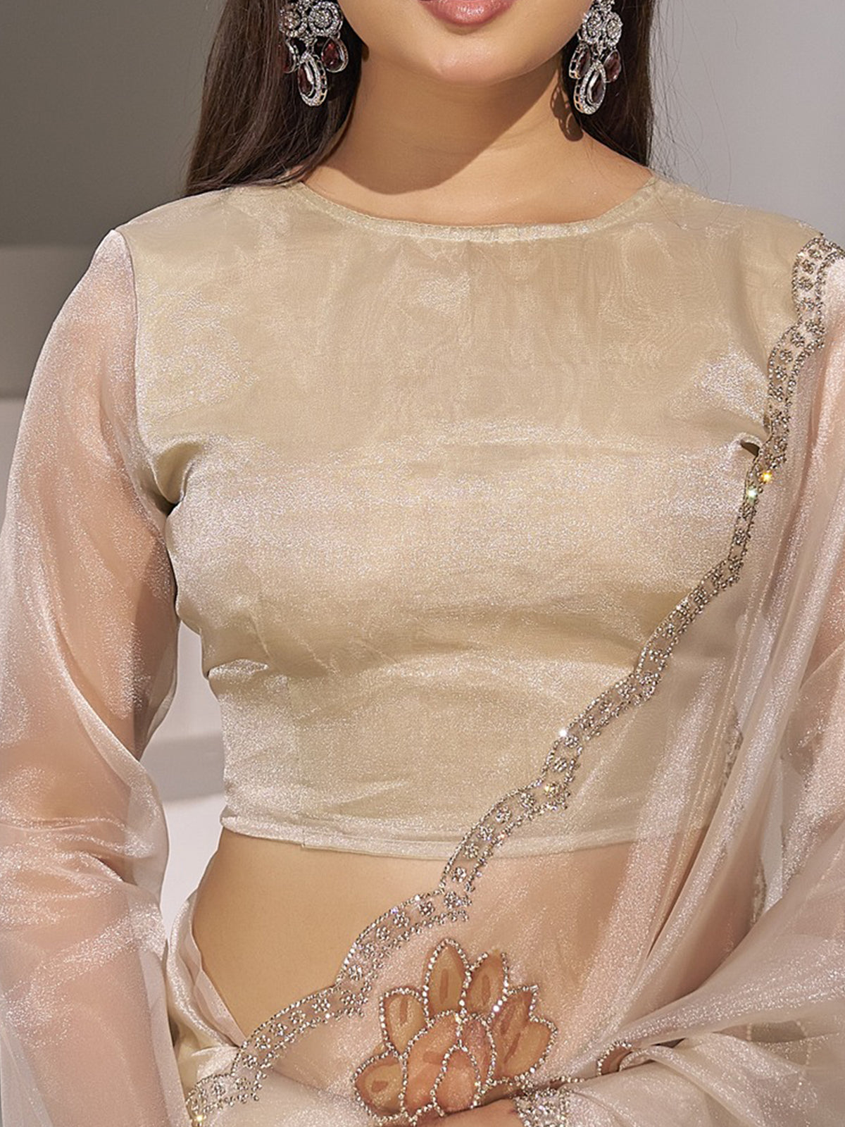 Unstitched champagne organza blouse piece with embellished design