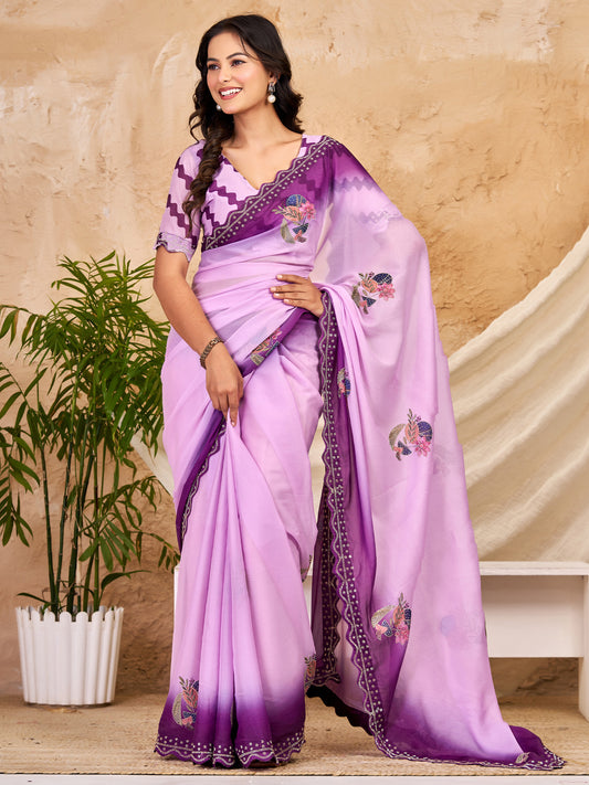 Woman wearing lavender georgette saree with traditional indian motif work and lavender blouse