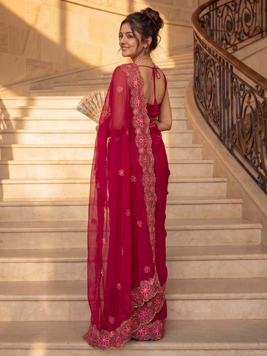 Red Chiffon saree – detail view 1