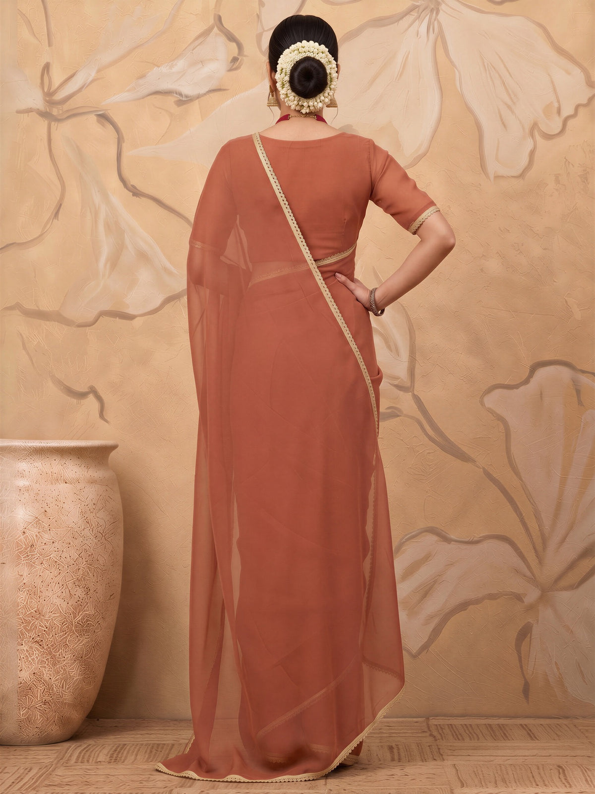 Rust satin silk saree view 1