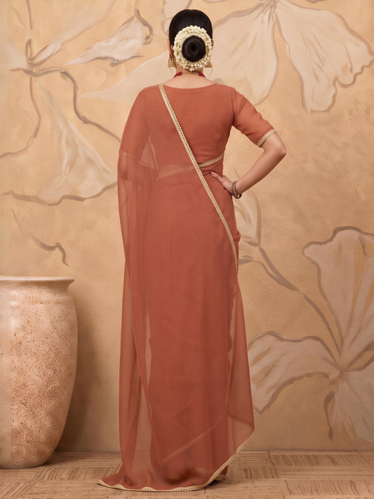 Rust satin silk saree view 1