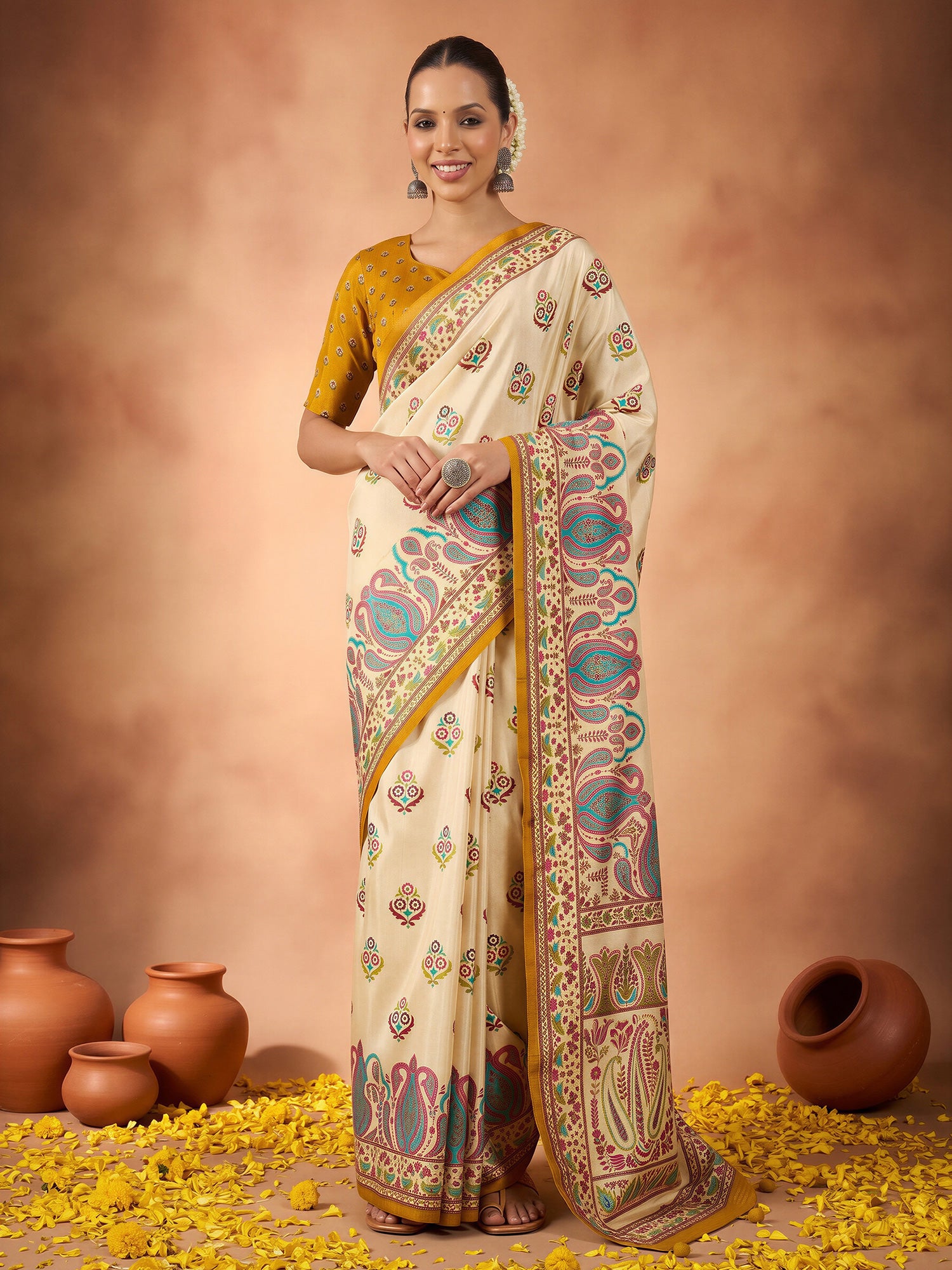 Woman wearing off white silk blend saree with metallic foil print work and yellow blouse