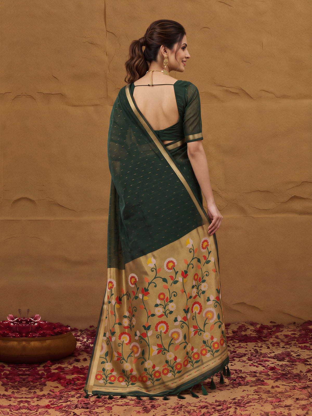 Dark Brown silk blend saree view 3