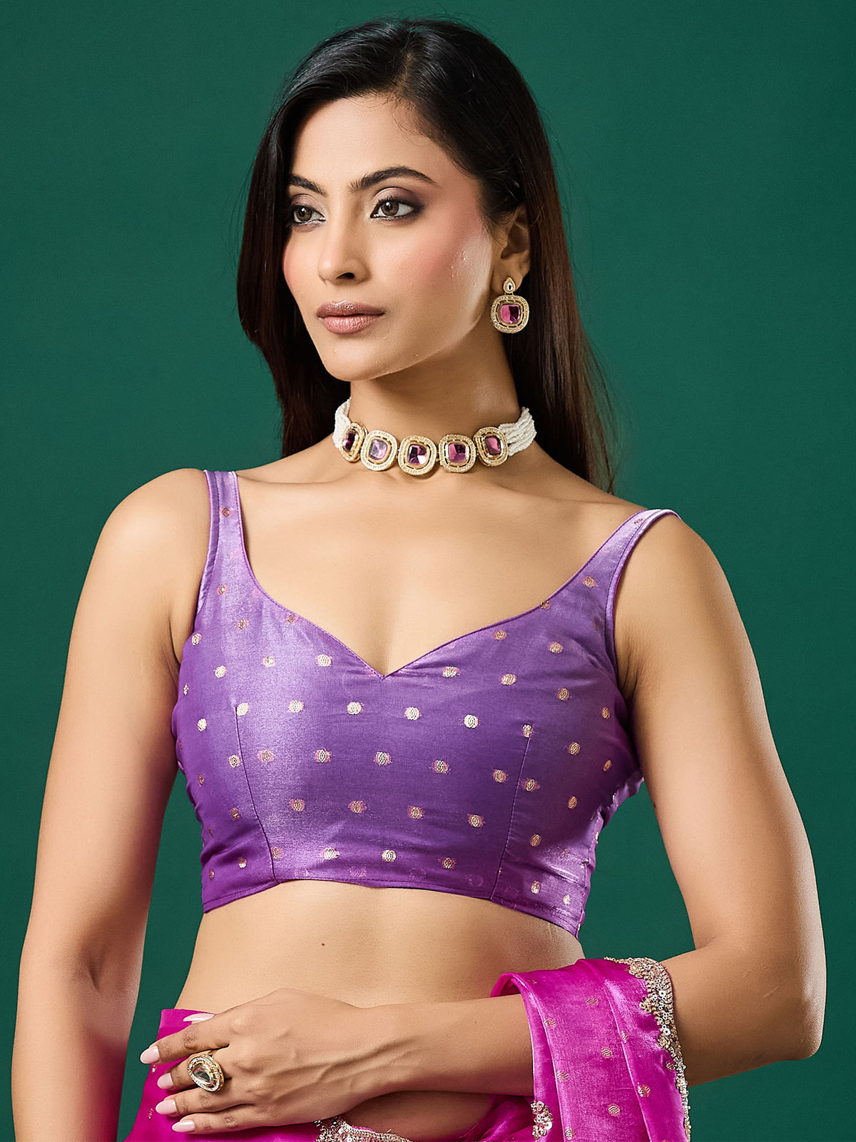 Unstitched lavender satin blouse piece with woven design design