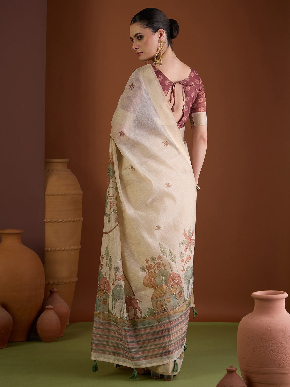 Beige linen blend saree view 2