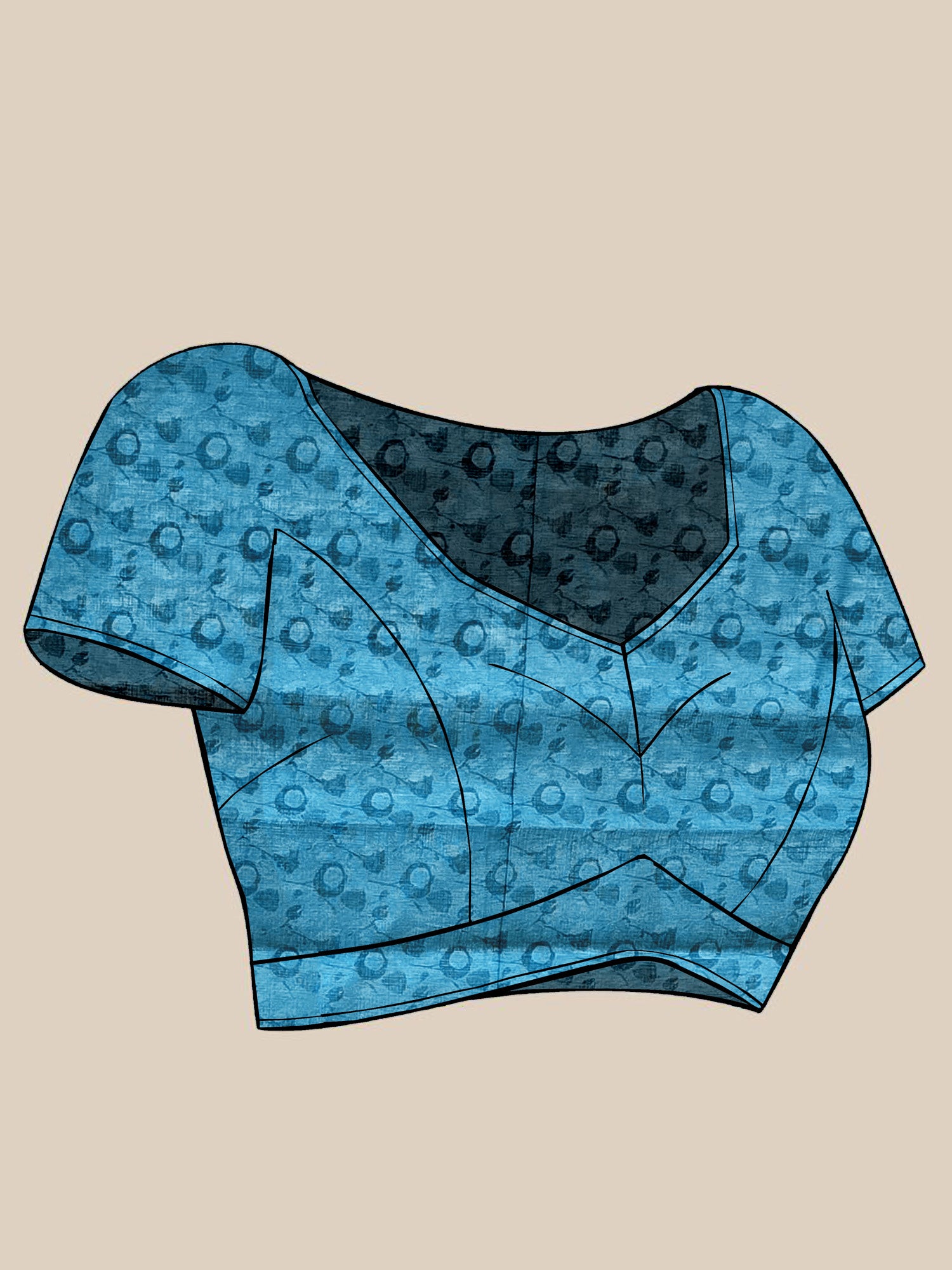 Unstitched teal blue cotton linen blouse piece with ethnic motif design