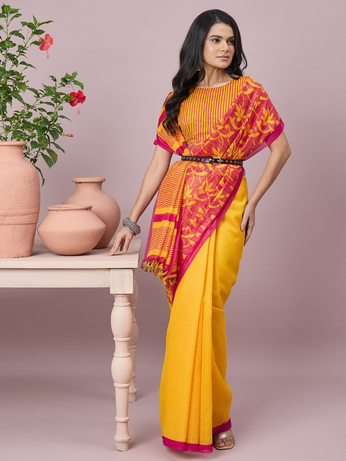 Mustard cotton slub saree view 4