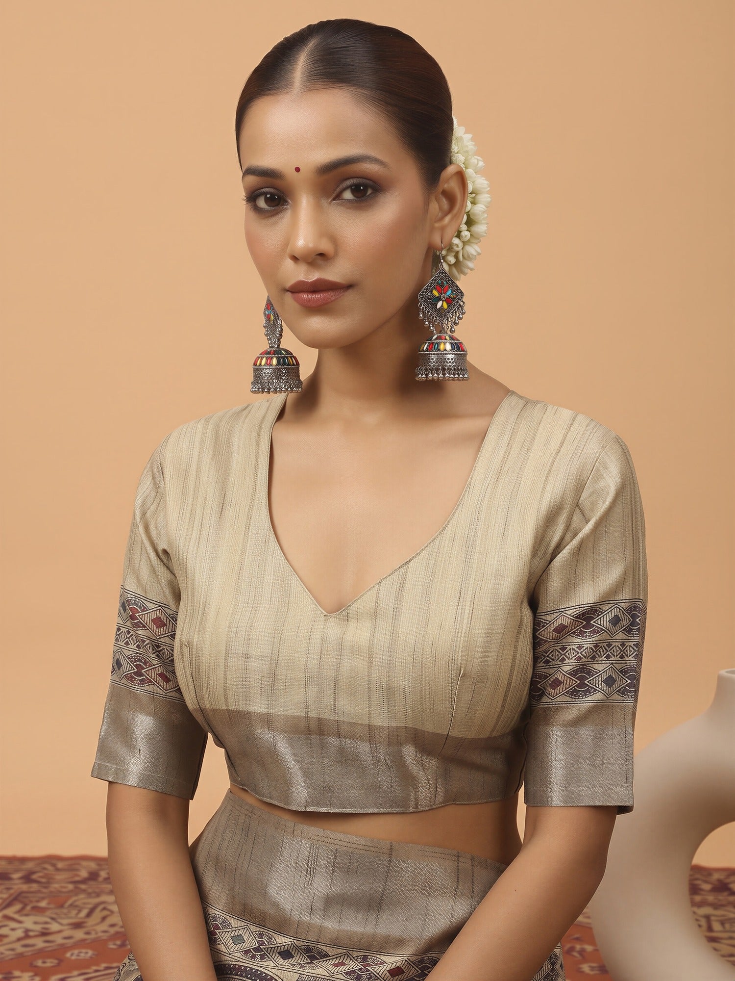 Unstitched beige satin silk blouse piece with solid design