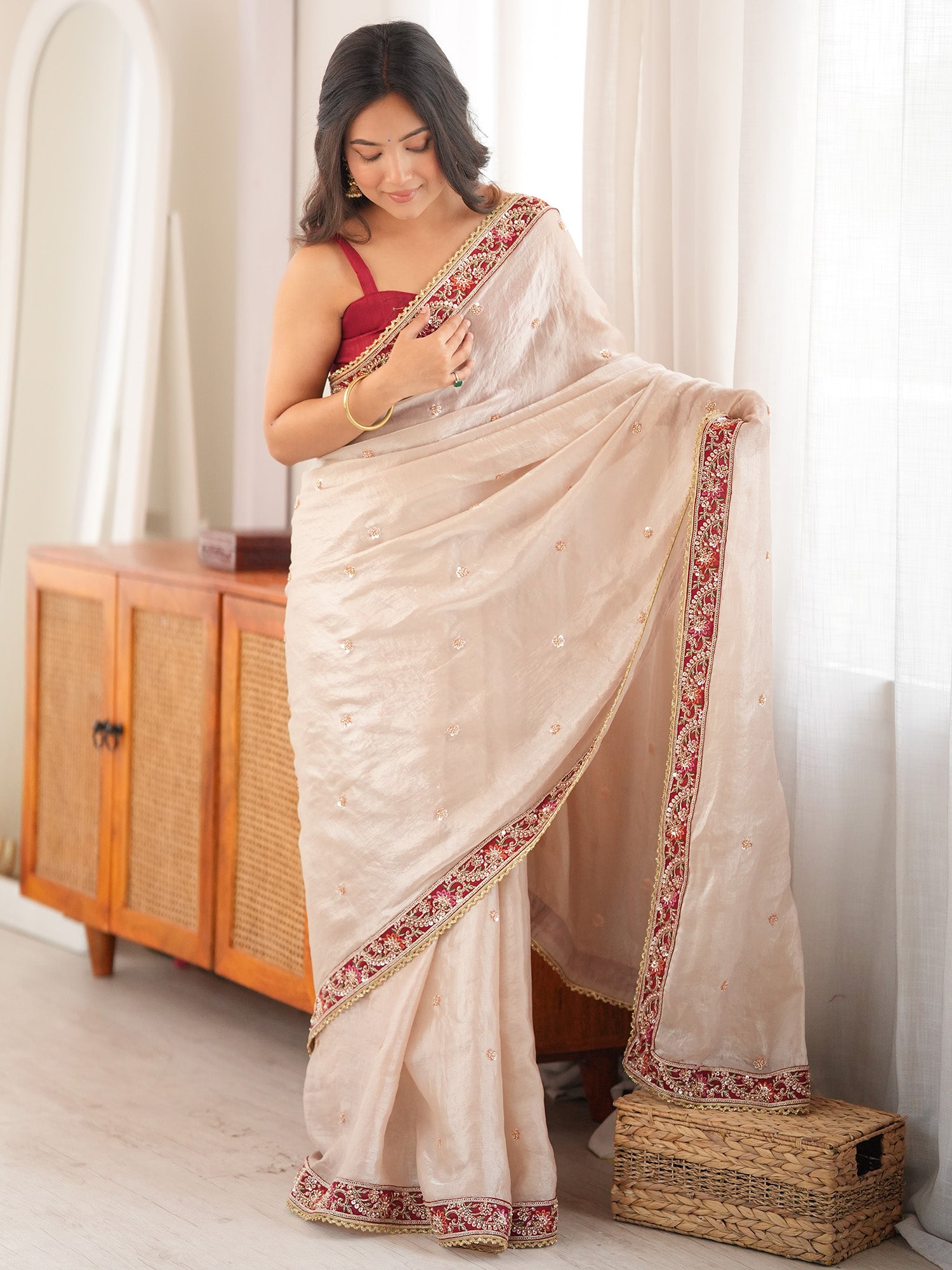Beige Satin saree – detail view 2