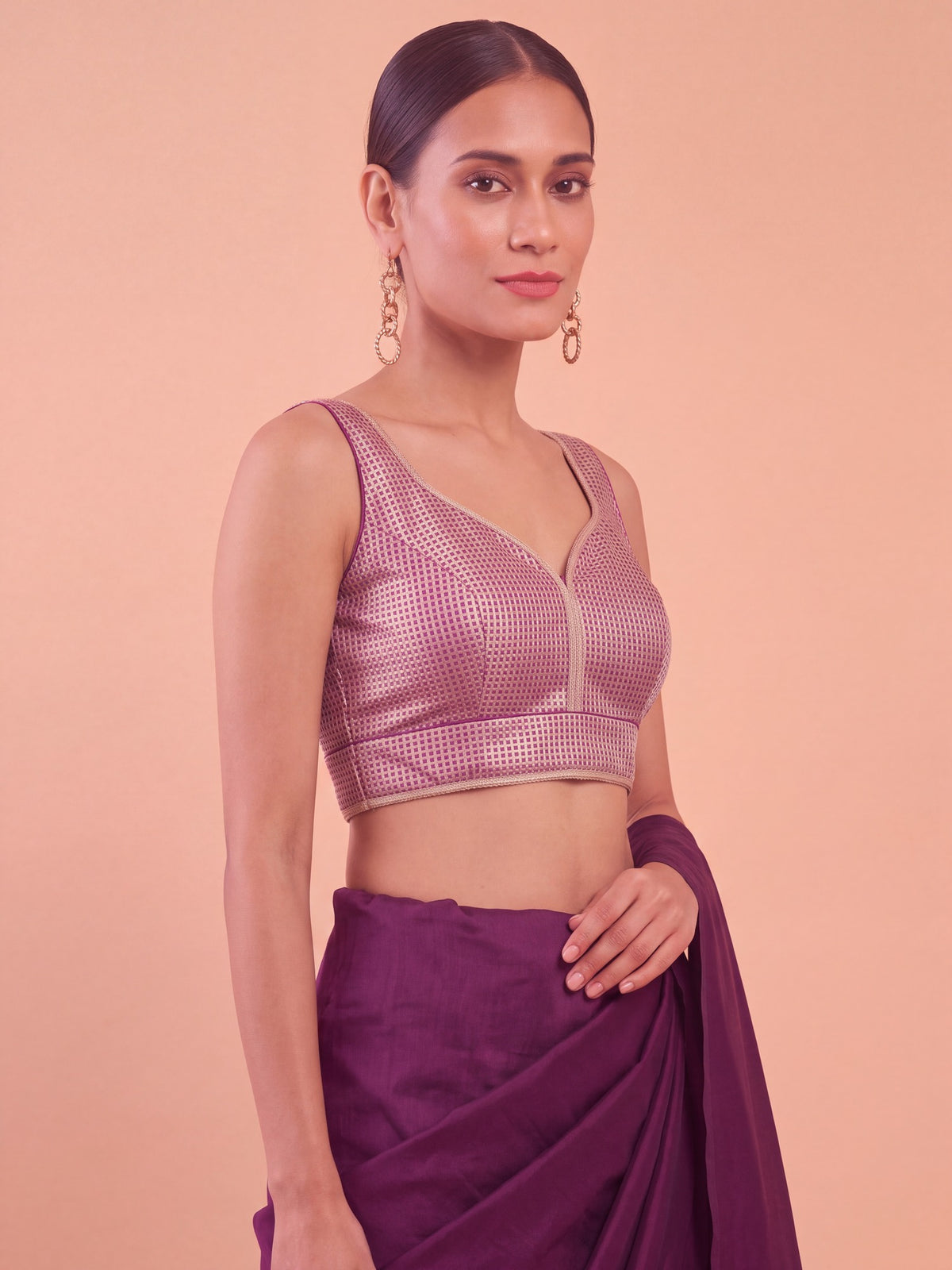 Maroon woven metallic jacquard sleeveless readymade saree blouse with sweetheart neck view 3