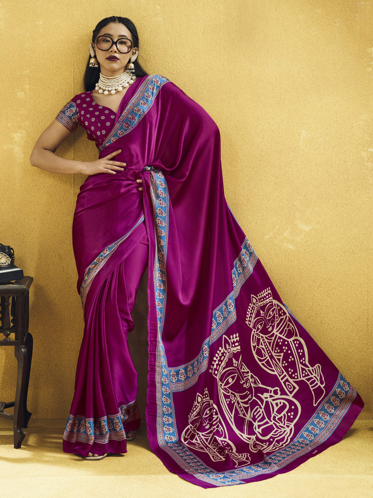 Magenta ajrak satin saree with magenta blouse piece
