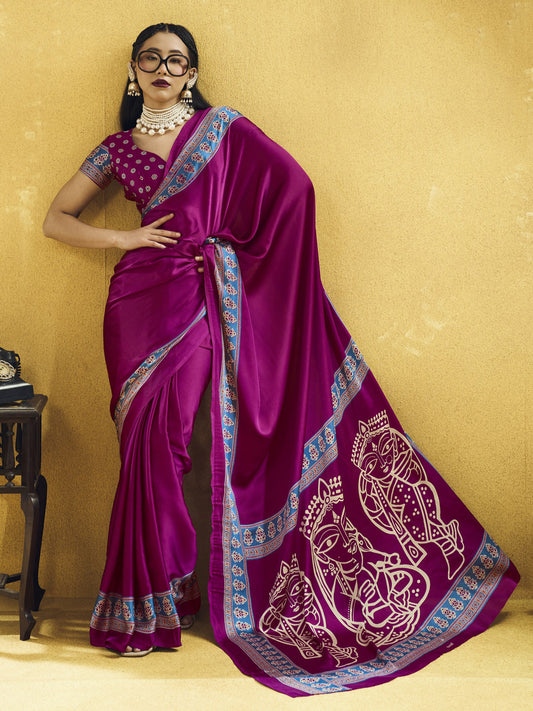 Magenta ajrak satin saree with magenta blouse piece