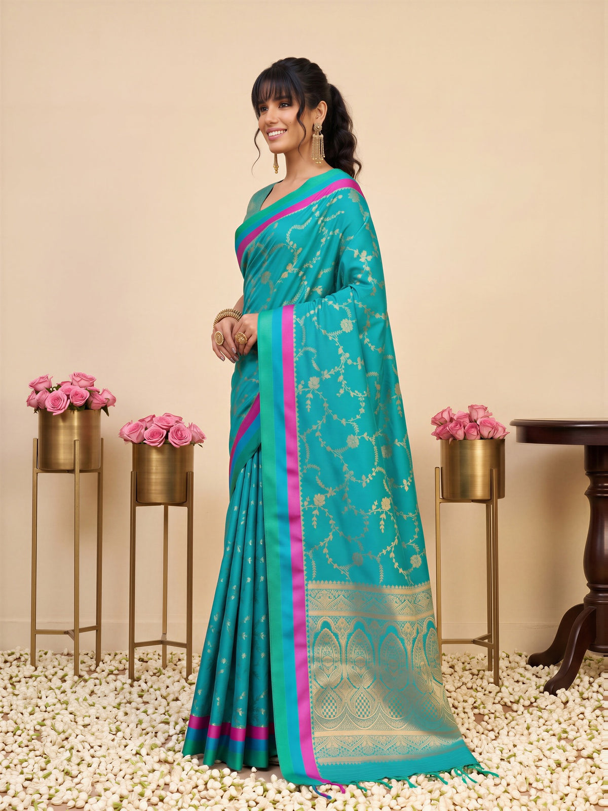 Teal Blue Pure Silk saree – detail view 2