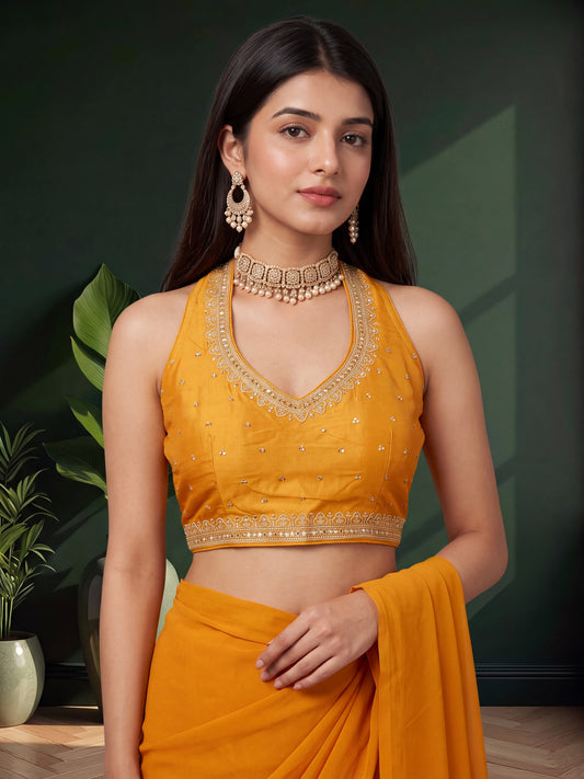 Mustard sequin embellished vichitra silk sleeveless readymade saree blouse with v neck