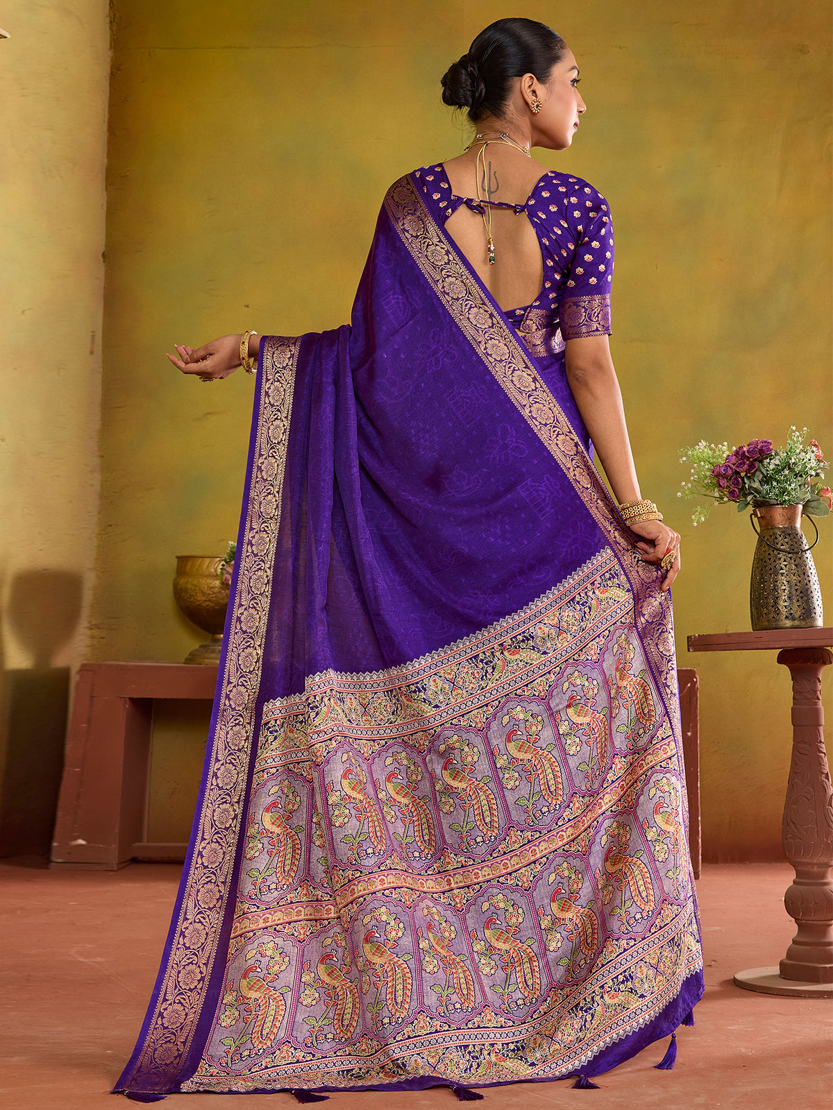 Purple tussar silk saree view 2