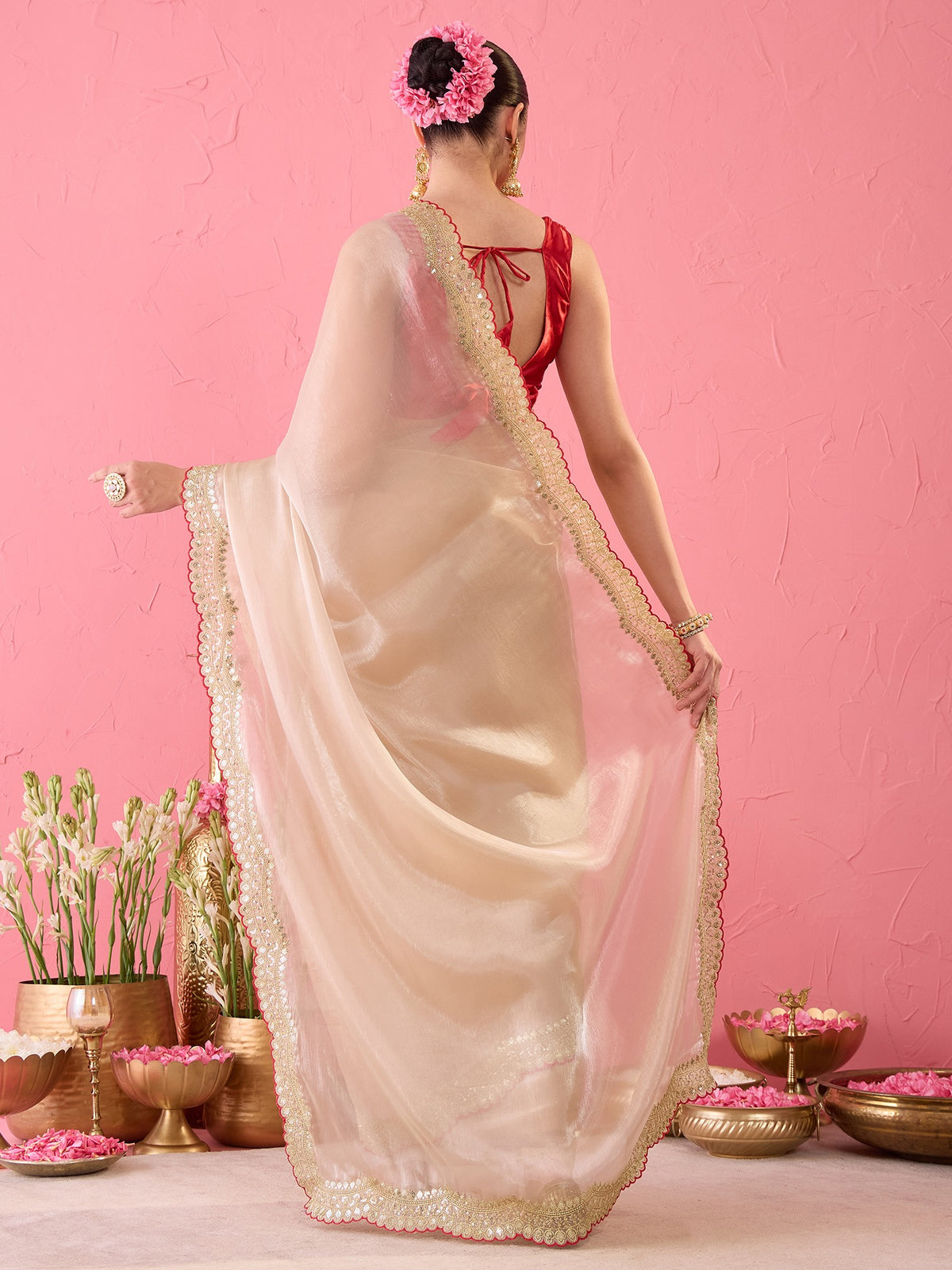 Beige Satin saree – detail view 6