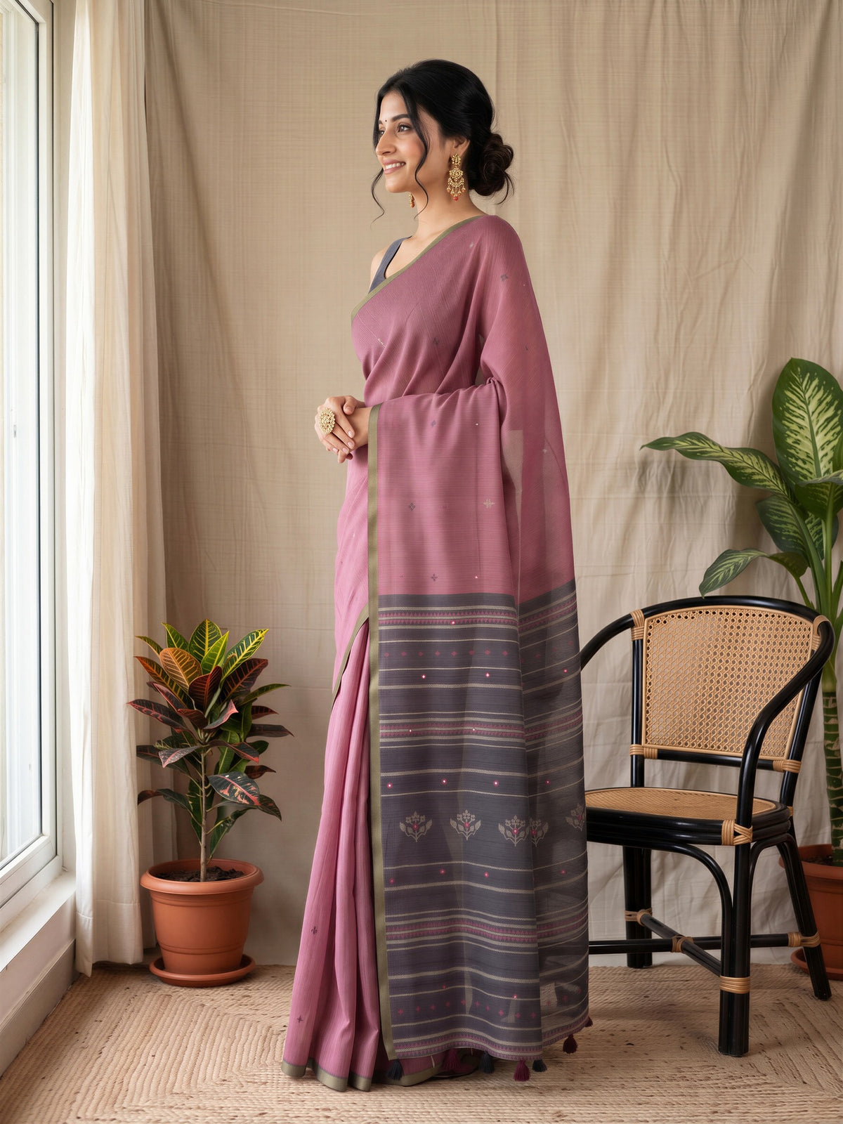 Wine Linen Blend saree – detail view 2