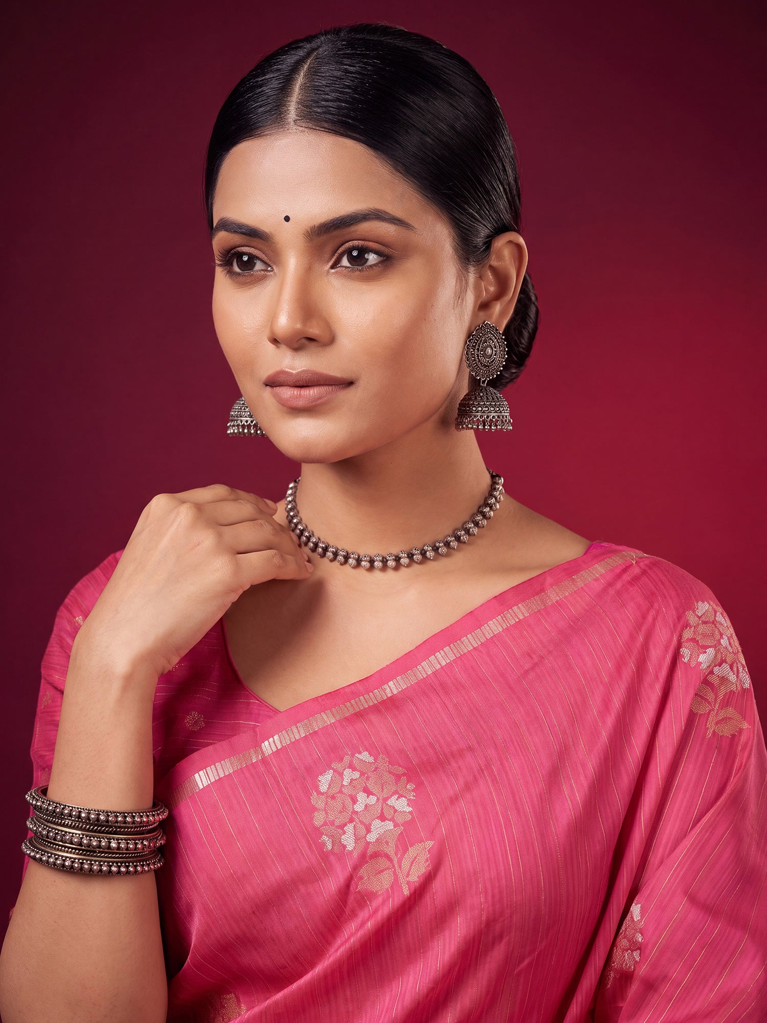 Pink Satin Silk saree – detail view 4