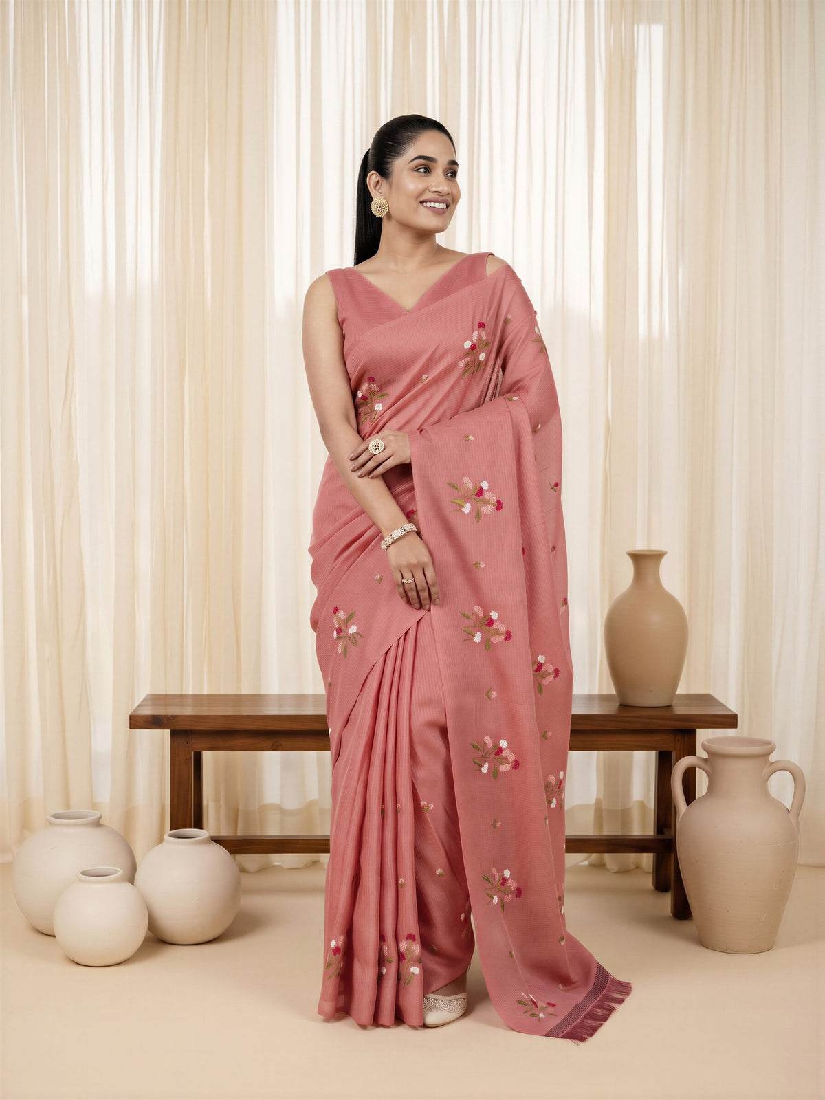 Peach Kota Doria Cotton saree – detail view 3